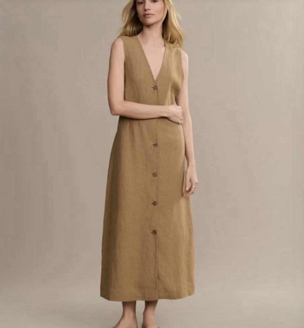 Jenni Kayne Callan Linen Midi Dress Button Front Minimalist Sleeveless XS B10